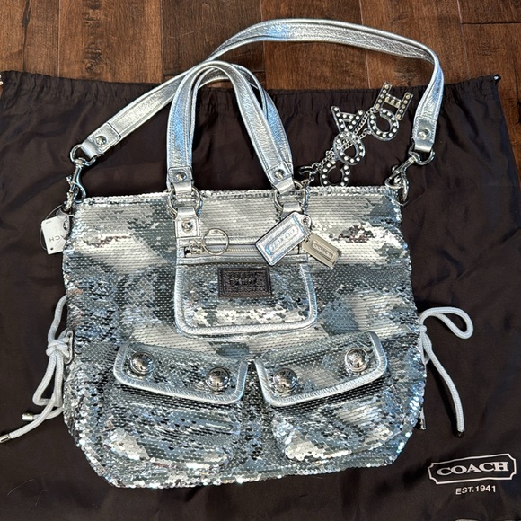 NWT Coach poppy sequins spotlight tote silver leather multi straps 11”x14”x4” - Picture 8 of 11